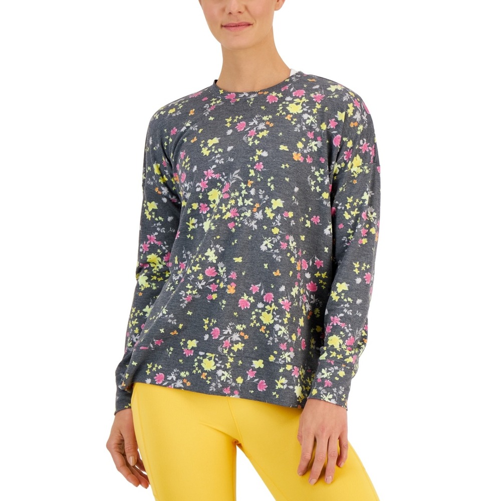 Ideology Women's Active Pansy Print Side Slit Relaxed Crewneck Sweatshirt Size M